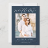 Navy Elegant Script Photo Save the Date Magnetische Uitnodiging (Voorkant)
