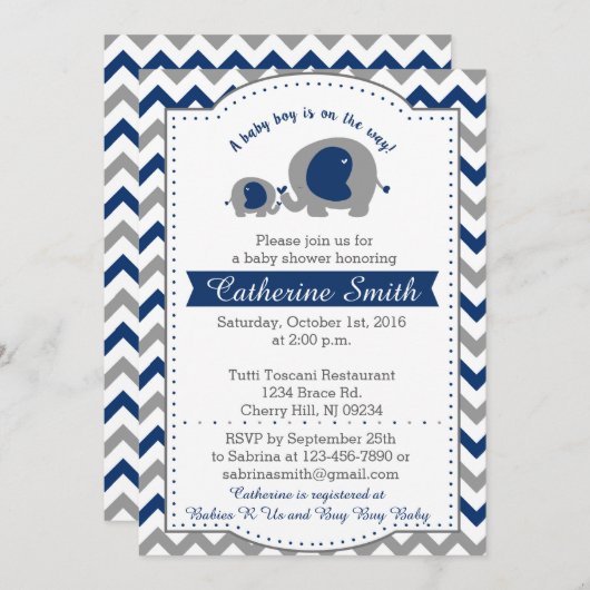 Navy Elephant Baby Shower Invitations (Devant / Derrière)