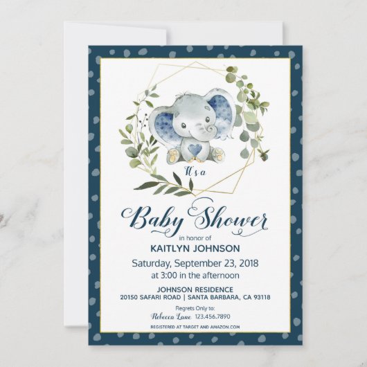 Navy Elephant Modern Baby shower Kaart (Voorkant)