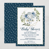 Navy Elephant Modern Baby shower Kaart (Voorkant / Achterkant)