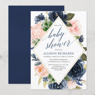 Navy en blozen bloemenmeisje baby shower kaart