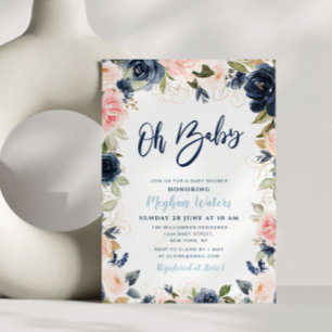 Navy en blozen floral baby shower kaart