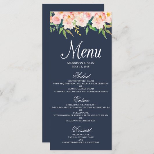 Navy en Blush Bloemen Bruiloft Menu Kaart (Voorkant / Achterkant)