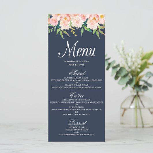 Navy en Blush Bloemen Bruiloft Menu Kaart (Staand voorkant)