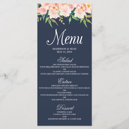 Navy en Blush Bloemen Bruiloft Menu Kaart (Voorkant)