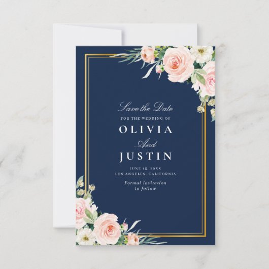 Navy en Blush bloemenbruiloft Bewaar de datumkaart Save The Date (Voorkant)