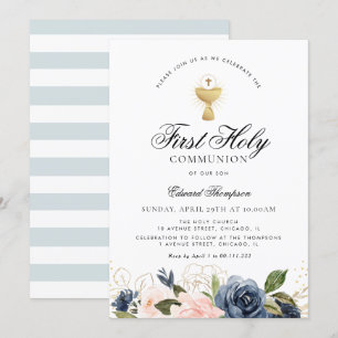 Navy en blush floral first communiqué kaart