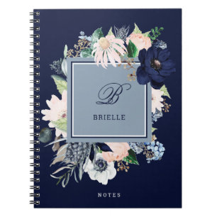 Navy en Blush Floral   Naam en monogram Notitieboek