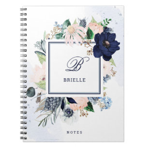 Navy en Blush Floral   Naam en monogram Notitieboek