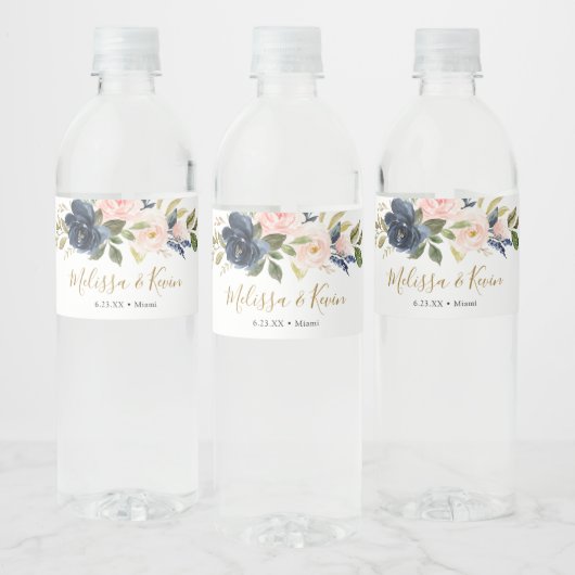 Navy en Blush Floral Waterfles Etiket (Flessen)