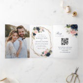 Navy en blush waterverf bloemenbruiloft drieluik aankondiging (Binnen)