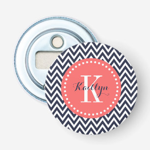 Navy en Coral Chevron Monogram Button Flesopener