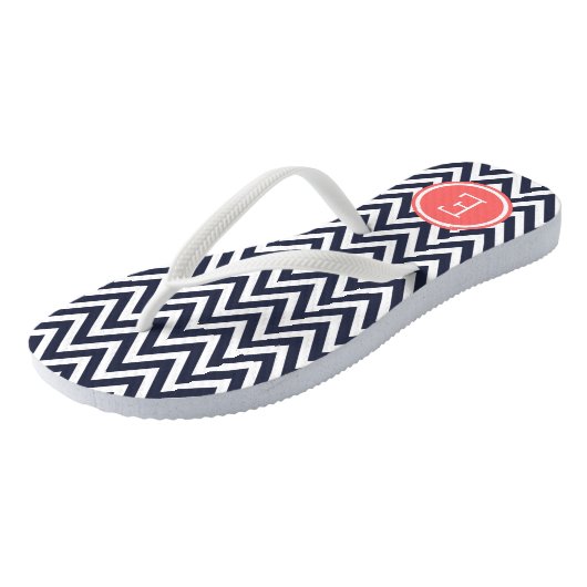 Navy en Coral Chevron Monogram Teenslippers (Schuin)