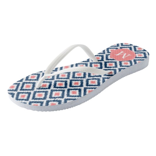 Navy en Coral Ikat Pattern Teenslippers (Schuin)