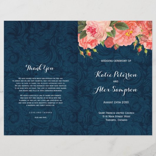 Navy en Coral Shabby Chic Floral Wedding Programs (Voorkant)