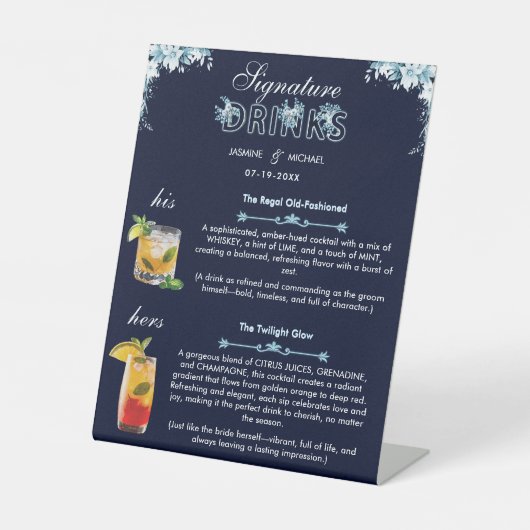 Navy en Dusty Light Blue Wedding Signature Drinken Reclamebord Met Voetstuk (Voorkant)
