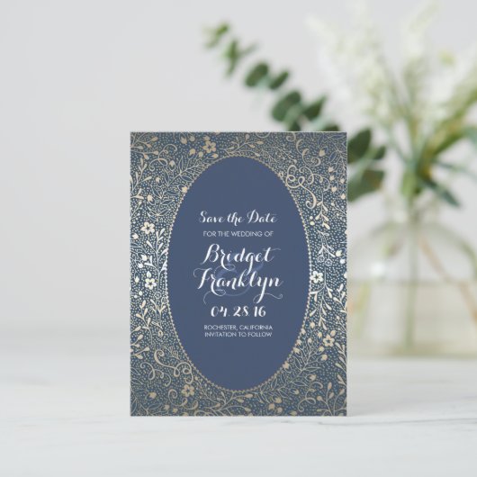 Navy en Gold Floral Save the Date Aankondigingskaart (Staand voorkant)