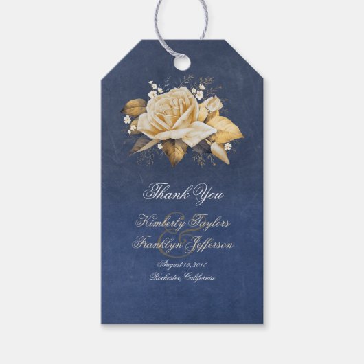 Navy en Gold Flowers Bruiloft Cadeaulabel (Voorkant)
