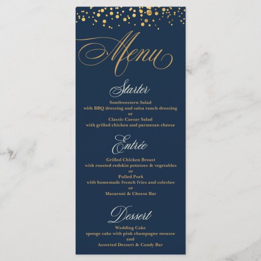Navy en Gold Glitter Confetti Wedding Menu (Voorkant)