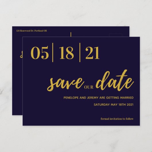 Navy en Gold Modern Script slaan de datum op Briefkaart (Voorkant / Achterkant)