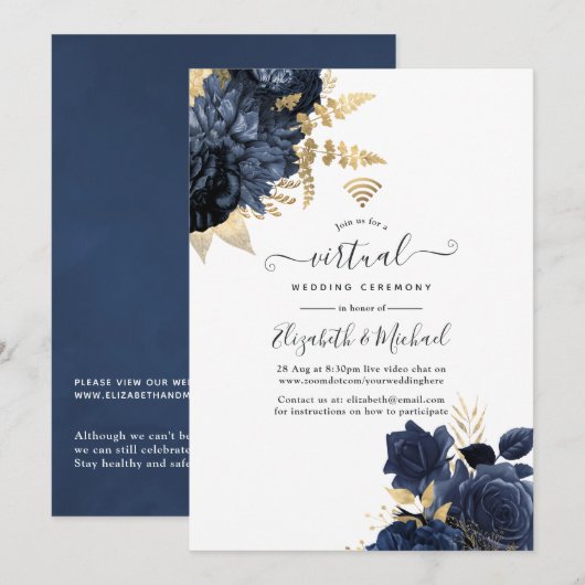 Navy en Gold  Shabby Rozen Virtual Wedding Kaart (Voorkant / Achterkant)