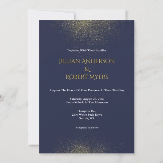 Navy en Gold Stardust bruiloft uitnodiging (Voorkant)