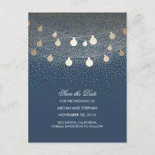 Navy en Gold String Lights slaan de datum op Aankondigingskaart