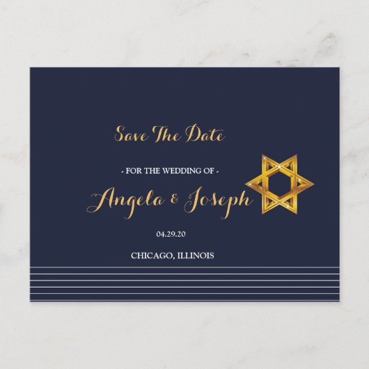 Navy en Golden Star of David Save the Date Briefkaart (Voorkant)