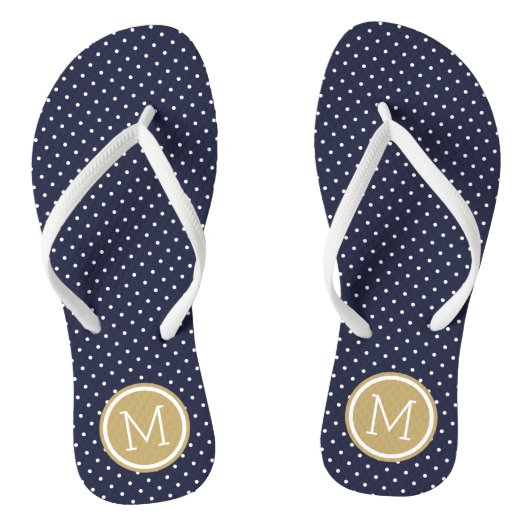 Navy en Goud Tiny Stippen Monogram Teenslippers (Voetbed)