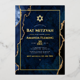 Navy- en gouden namaak agaat Bat Mitzvah-foto Folie Uitnodiging