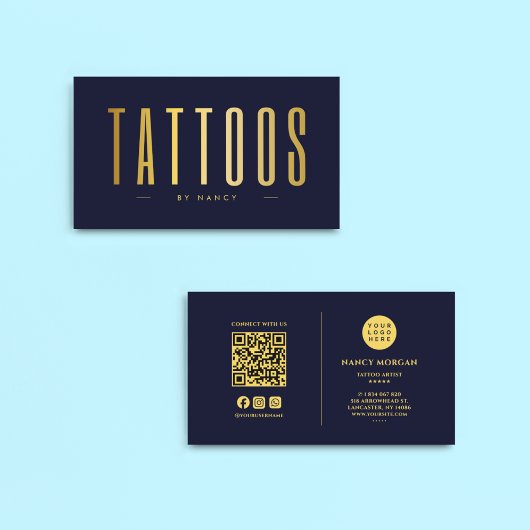 Navy en gouden Tattoo artiest QR Code & Logo Visitekaartje