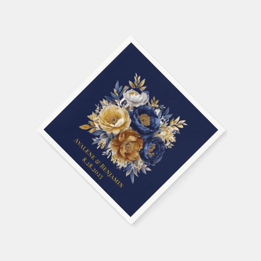 Navy en gouden Waterverf Peony Bouquet bruiloft Servet (Hoek)