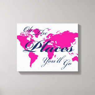 Navy en Hot Pink Wereldkaart Plaatsen You'll Go Ar Canvas Afdruk