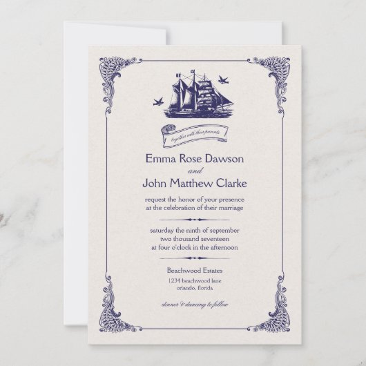 Navy en Ivoor Schip Bruiloft Uitnodiging (Voorkant)