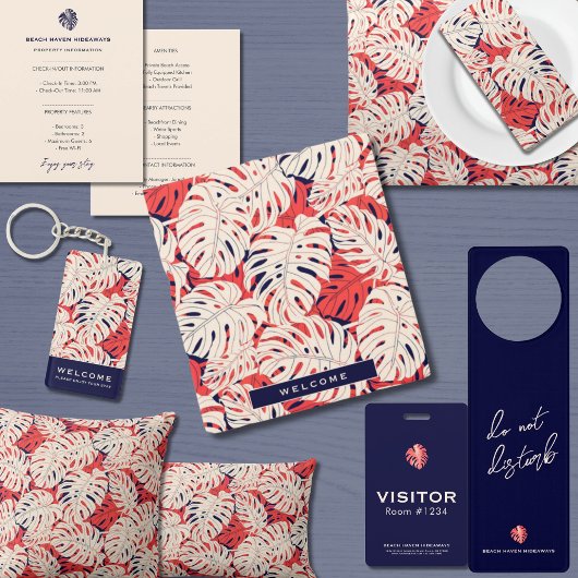 Navy en koraal Monstera Leaf Kussensloop