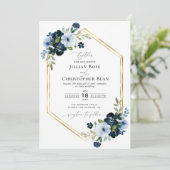 Navy en lichtblauwe bloemenscript bruiloft kaart (Staand voorkant)