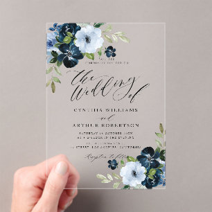 Navy en light blue floral script bruiloft acryl uitnodigingen