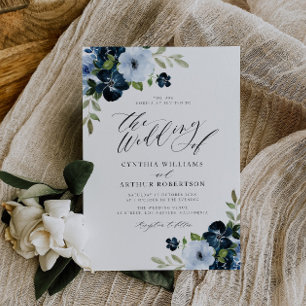 Navy en light blue floral script bruiloft kaart