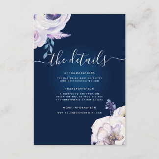 Navy en Lila Roos bruiloft details Informatiekaartje