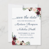 Navy en Marsala Bloemen Bruiloft Save The Date Kaa (Voorkant)