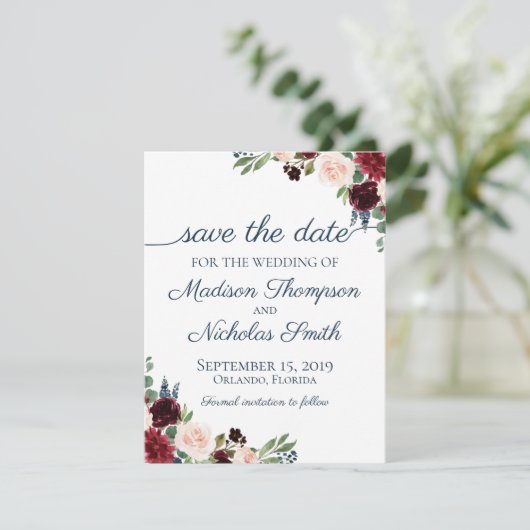 Navy en Marsala Bloemen Bruiloft Save The Date Kaa (Staand voorkant)