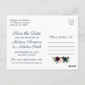 Navy en Marsala Floral Save the Date Briefkaarten (Achterkant)
