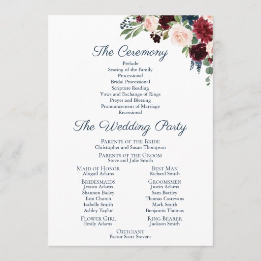 Navy en Marsala Floral Wedding Program Kaarten (Achterkant)