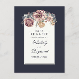 Navy en Mauve Floral  Save the Date Aankondigingskaart