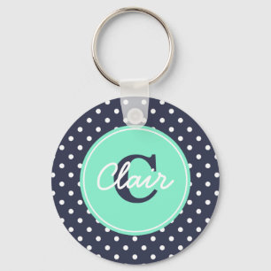 Navy en Mint Stippen, Initiaal, en Naam Sleutelhanger
