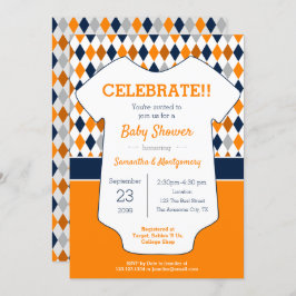 Navy en Oranje Argyle Patterned Baby shower Kaart