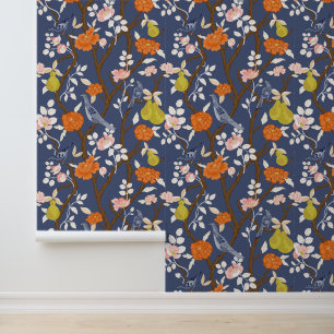 Navy en Oranje Chinoiserie Vogels Behang