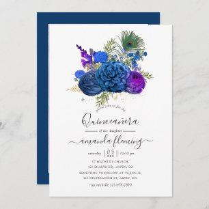 Navy en Paarse  Peacock Floral Quinceañera Kaart