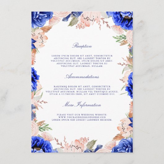 Navy en Pink Floral bruiloft informatie gast Informatiekaartje (Voorkant)