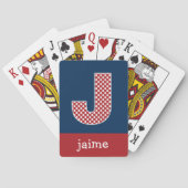 Navy en Red Polka Dots met Monogram Letter J Speelkaarten (Achterkant)